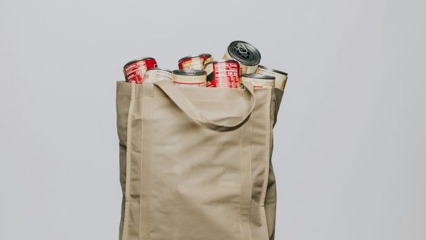 Grocery bag filled with canned goods