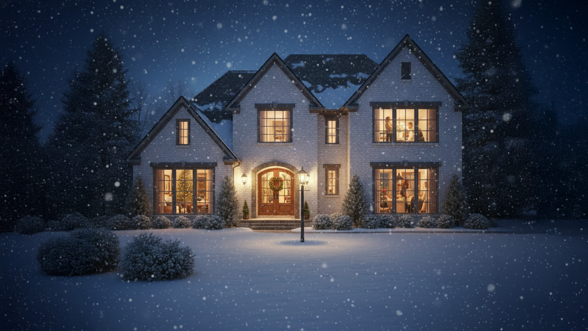 Snow falling on house with lights on